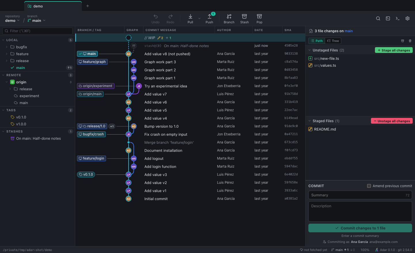 Adar with a demo repository: the commit graph with coloured lanes and branch labels, the branch tree on the left and the staging panel on the right.